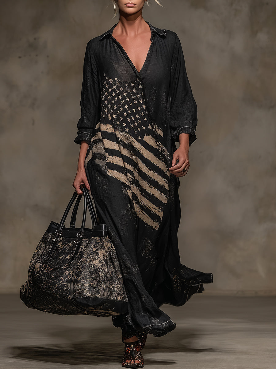 Western Black Linen V-Neck Maxi Dress With American Flag Pattern