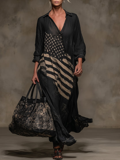 Western Black Linen V-Neck Maxi Dress With American Flag Pattern