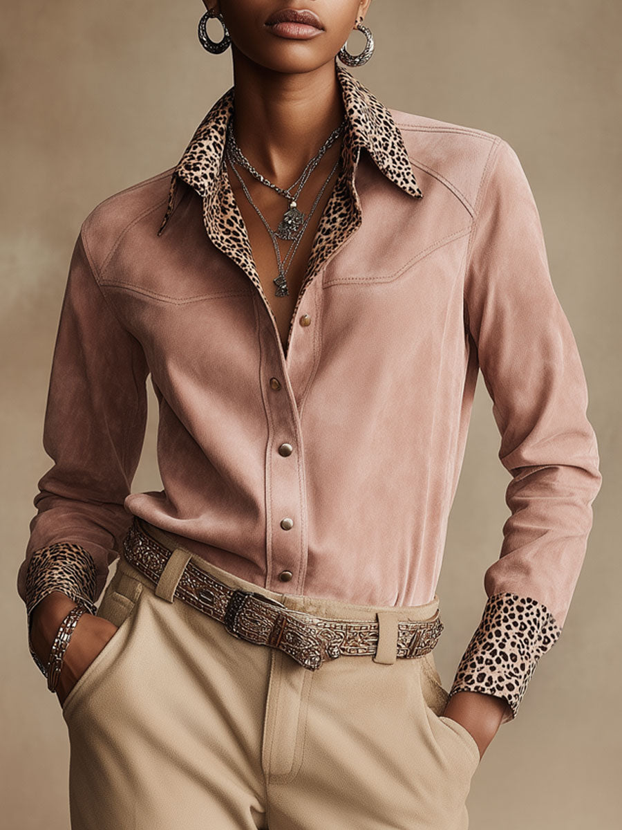 Western Retro Leopard Print Pink Faux Suede Long-Sleeve Shirt
