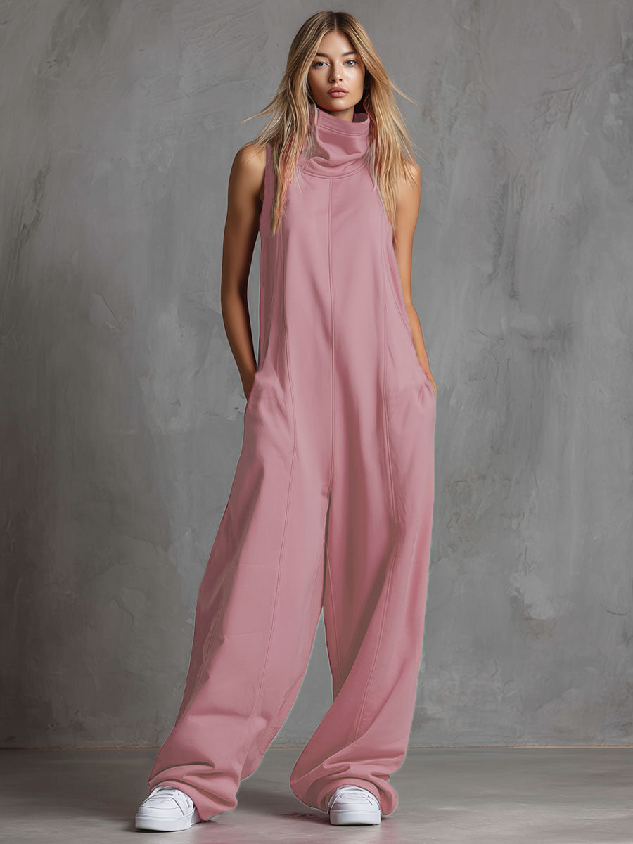 Pink High-neck Sleeveless Double-pocket Sporty Jumpsuit
