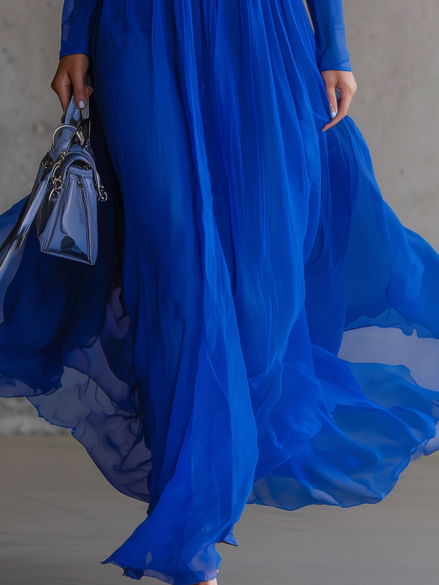 Elegant Blue Chiffon Patchwork Ribbon Maxi Dress