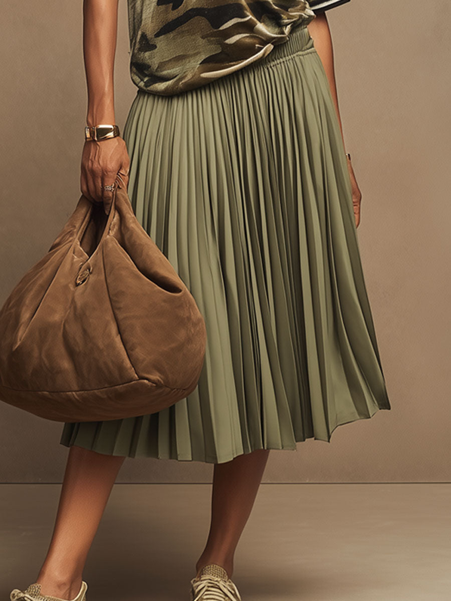 Casual Retro Military Green Camouflage Velvet Short-Sleeve T-Shirt And Pleated Skirt Set