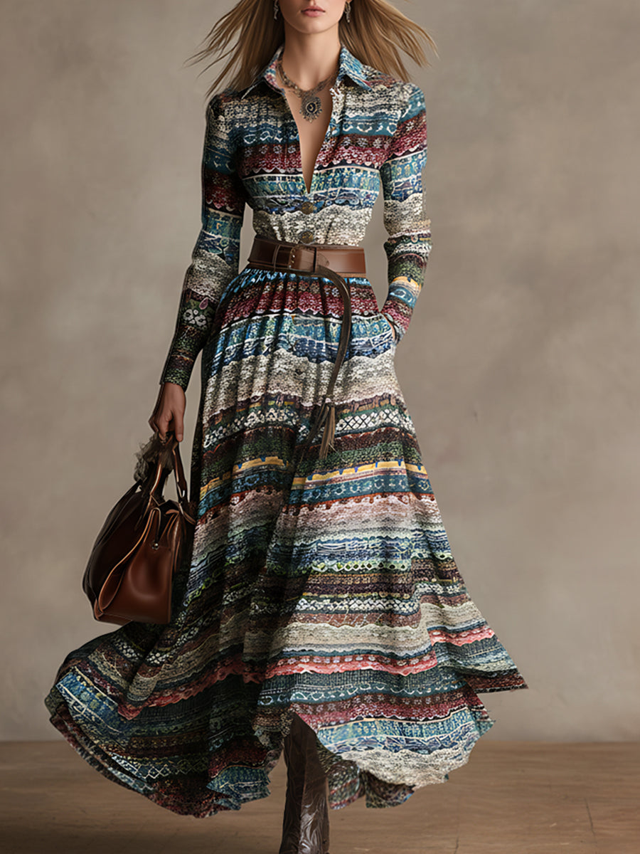 Retro Ethnic Style Multicolored Front Button Maxi Dress