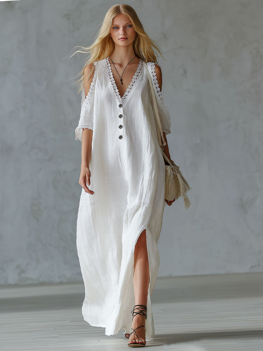 V-neck Lace-trimmed Off-the-shoulder Cotton And Linen Short-sleeved Maxi Dress