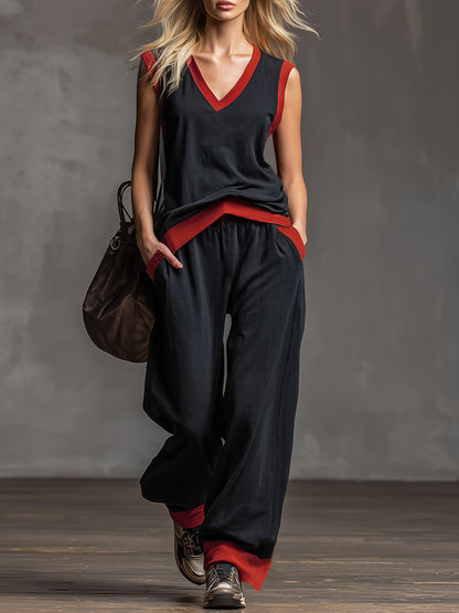 Loose-fitting Color-blocked V-neck Sleeveless Top And Pants Set