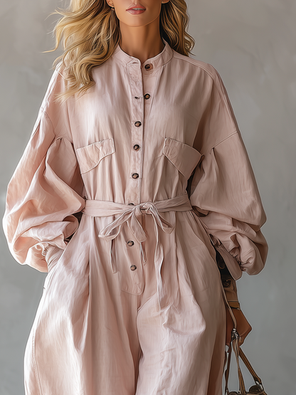 Casual And Stylish Round-neck Tulip-shaped Light Pink Jumpsuit