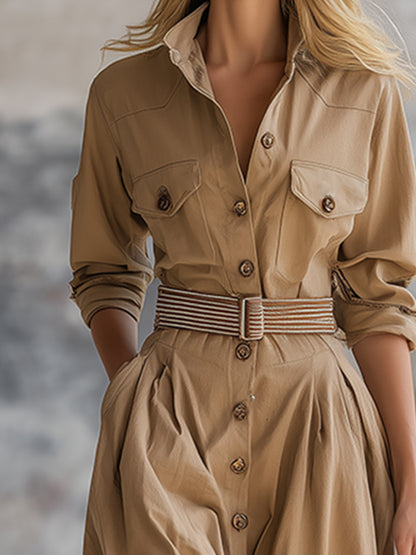 Retro And Stylish Lapel Button-down Khaki Maxi Dress