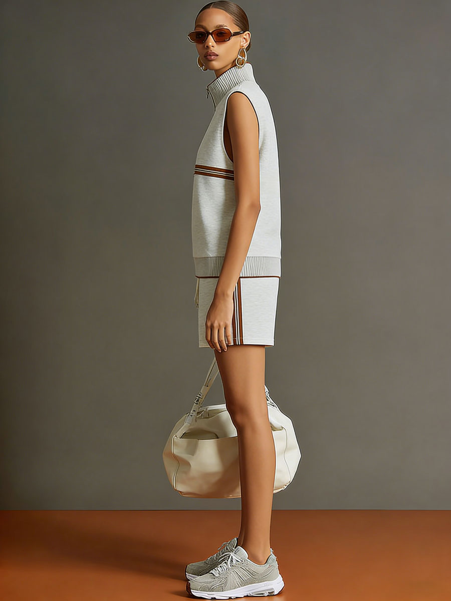 Retro Sporty Grey And White Half-zip Sleeveless Sweatshirt And Shorts Set