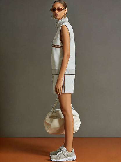 Retro Sporty Grey And White Half-zip Sleeveless Sweatshirt And Shorts Set