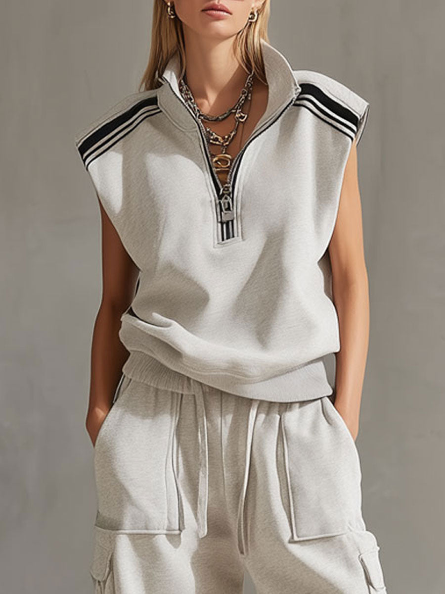 Casual Retro Sporty Gray And White Half-Zip Sleeveless Sweatshirt And Cargo Pants Set