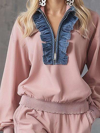Casual Urban Denim Ruffled Pink Sweatshirt And Wide-leg Pants Tracksuit