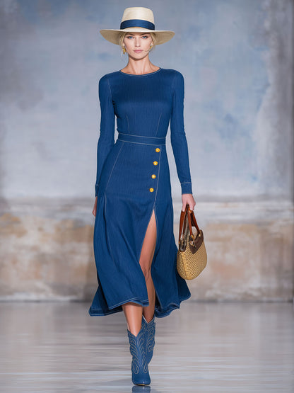 Retro Round Neck Side Slit Denim Long-sleeved Midi Dress