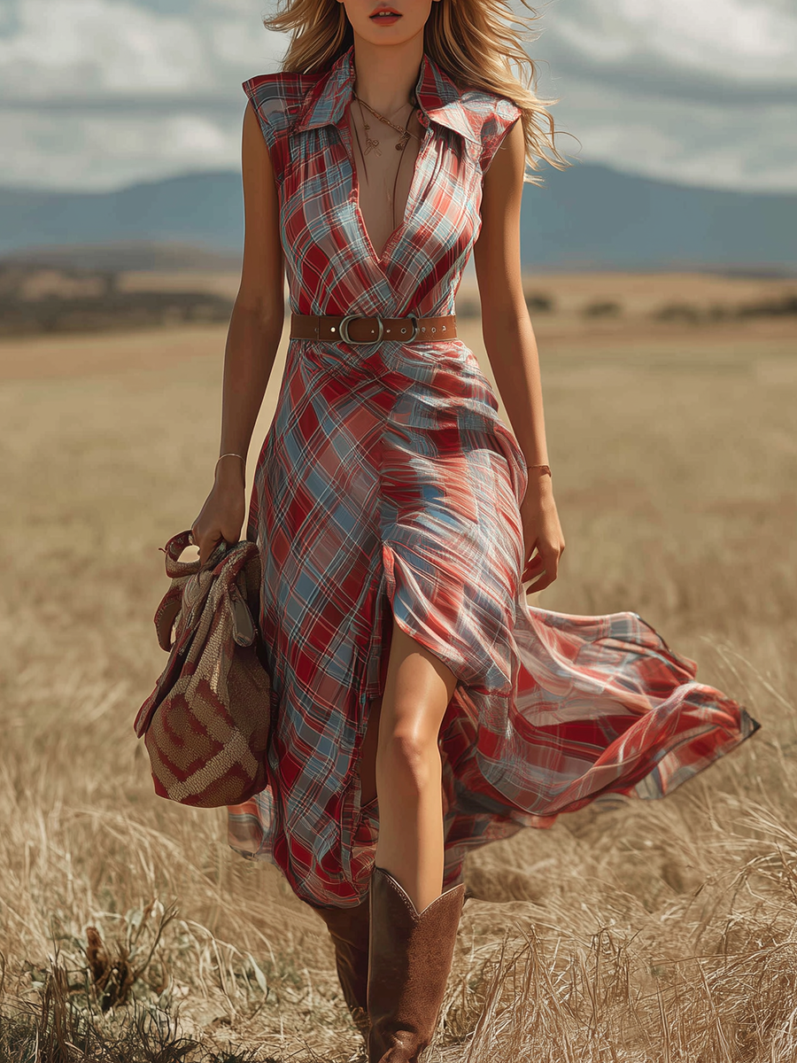 Western Retro Bohemian Collared Plaid Print Sleeveless Chiffon Maxi Dress