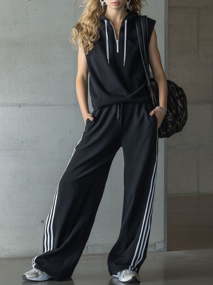 Sporty Retro Three-stripe Black Sleeveless Hooded Sweatshirt And Wide-leg Pants Set