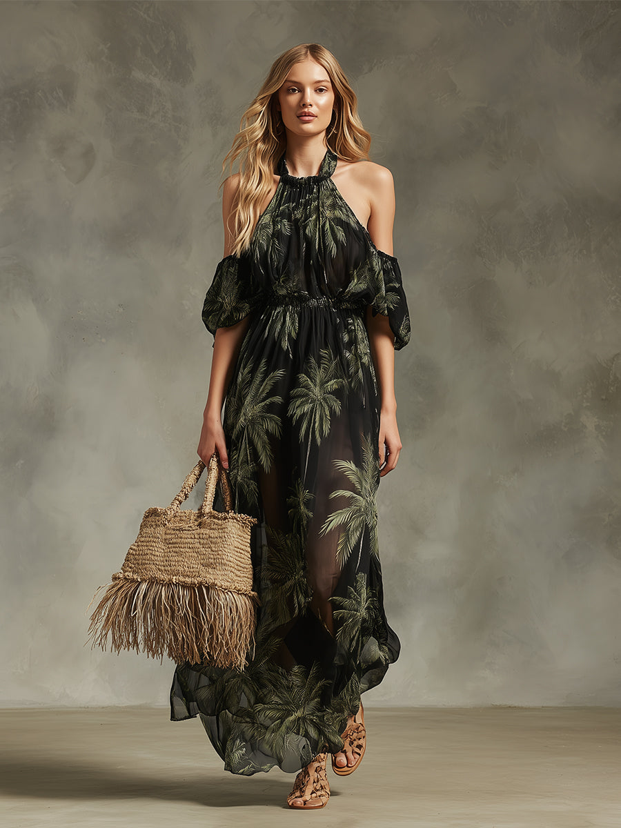 Elegant Vacation Black Chiffon Halter-neck Maxi Dress