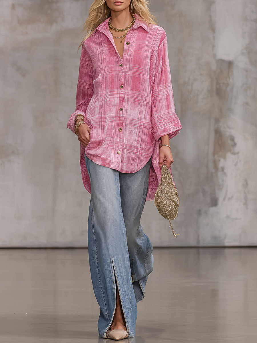 Loose-fitting Pink Plaid Velvet Long-sleeved Shirt