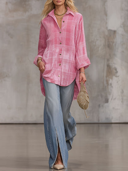 Loose-fitting Pink Plaid Velvet Long-sleeved Shirt