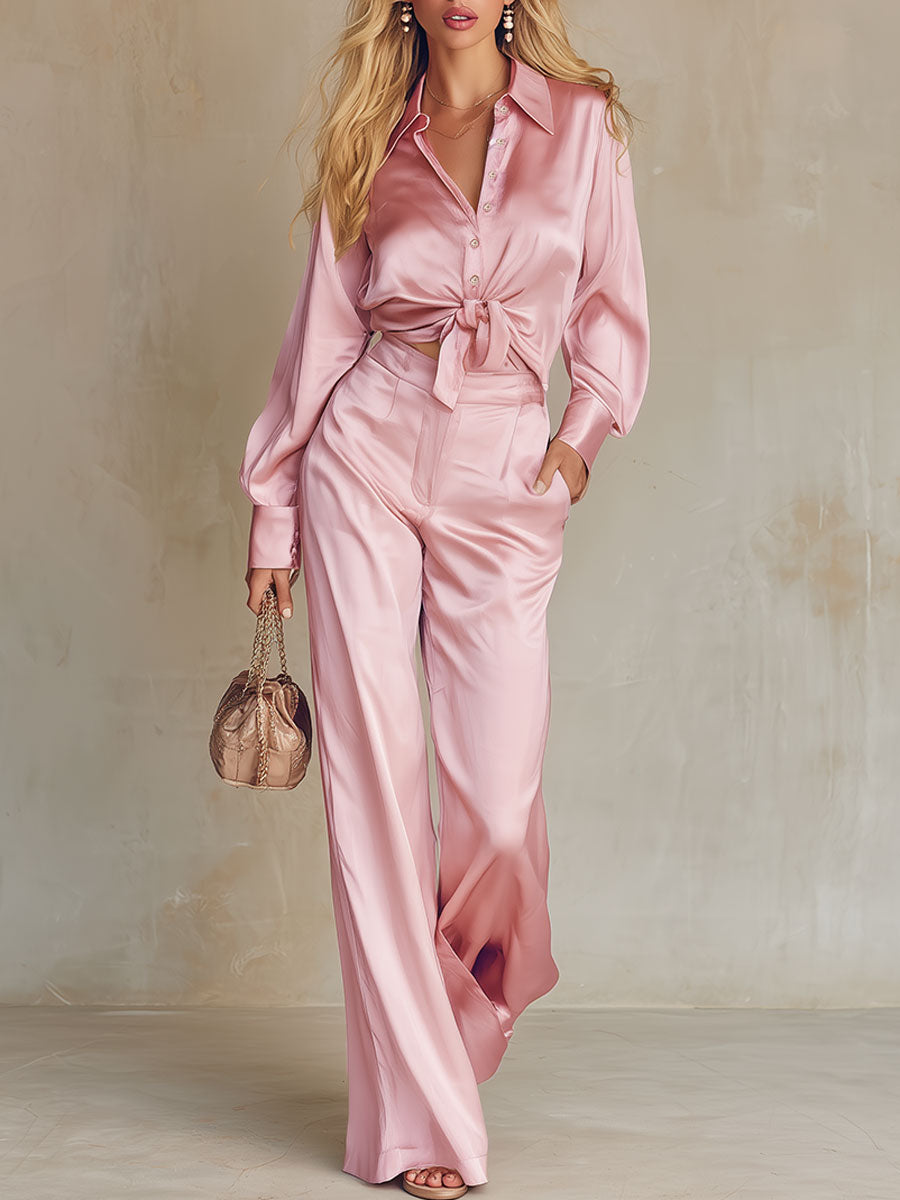 Urban Elegance Pink Satin Shirt And Pants Set