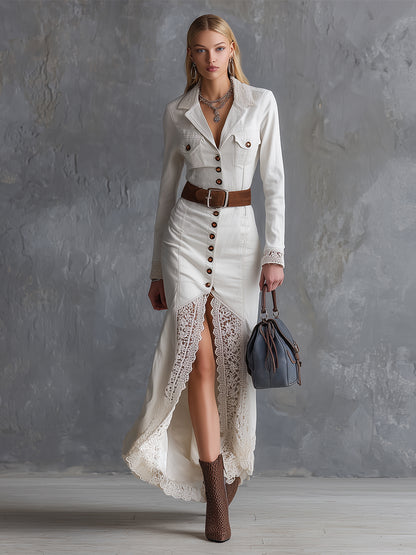 Elegant And Exquisite White Denim Lace-trimmed Maxi Dress