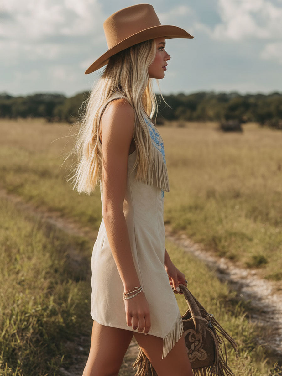 V-neck Color-blocked Embroidered Faux Suede Tassel Sleeveless Mini Dress