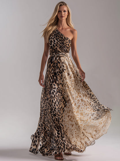 Luxury Resort-style Leopard Print Gradient Chiffon Off-shoulder Sleeveless Maxi Dress