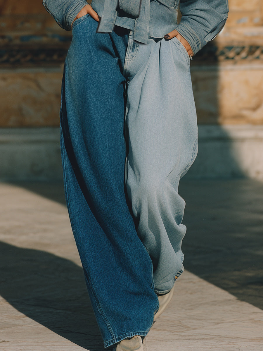 Casual Western Style Light Blue And Blue Color-blocked Loose Jeans