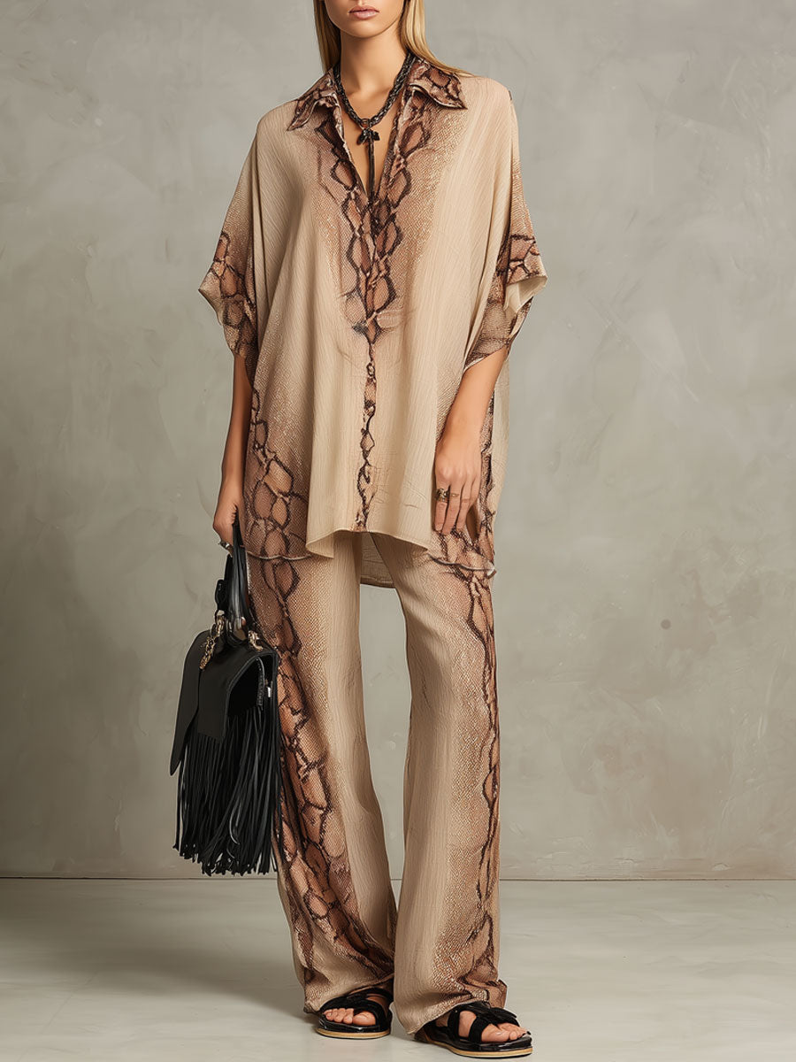 Vacation Retro Snake Print Champagne Chiffon Short-Sleeve Shirt And Pants Set