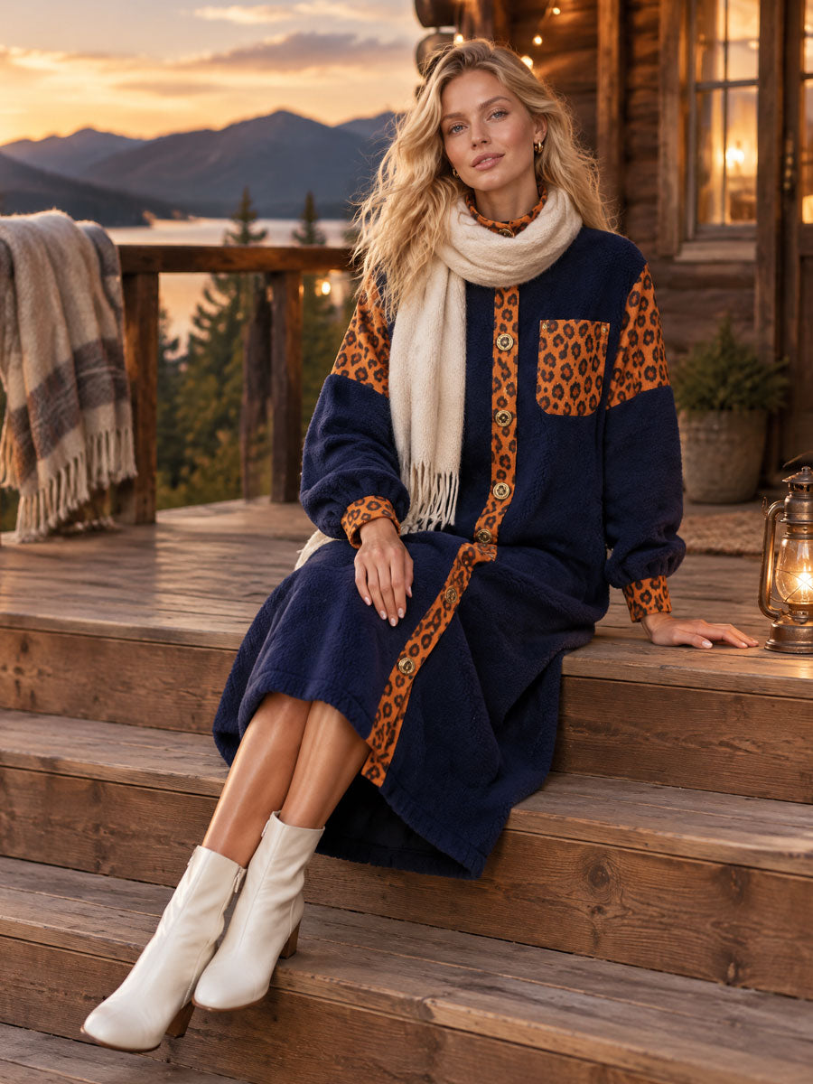 Retro Casual Color-blocked Leopard Print Trim Blue Fleece Midi Dress
