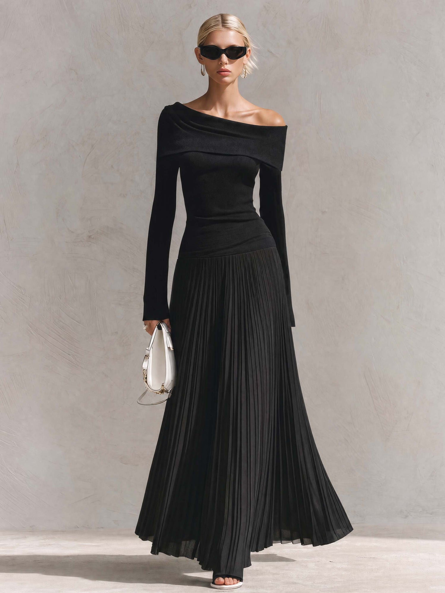 Elegant Black Off-Shoulder Knit Long-Sleeve Drop-Waist Pleated Chiffon Maxi Dress