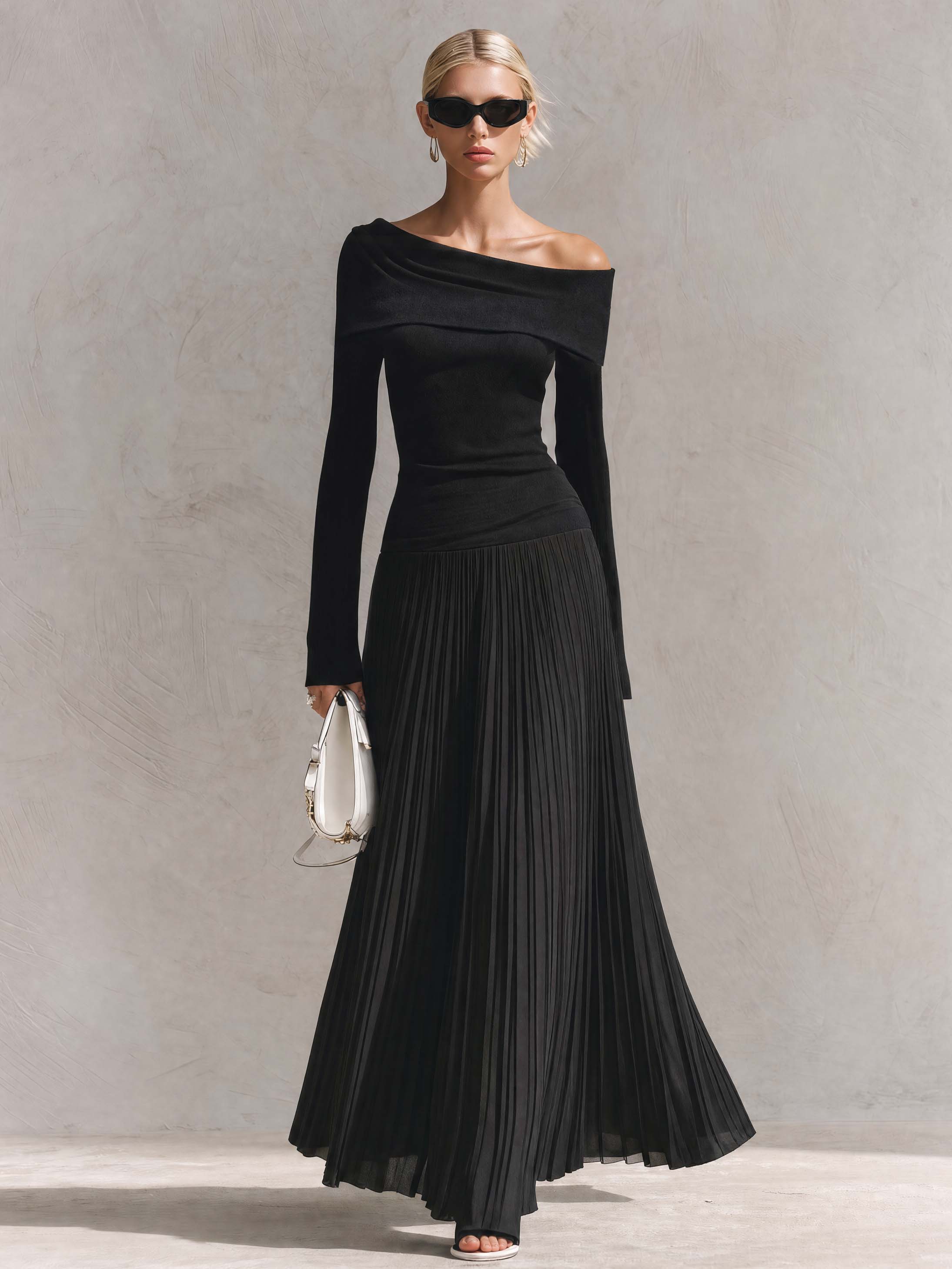 Elegant Black Off-Shoulder Knit Long-Sleeve Drop-Waist Pleated Chiffon Maxi Dress