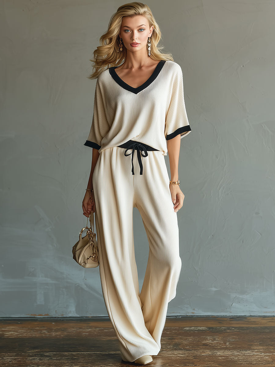 Casual Sporty Color-blocked Short-sleeved Knit Top And Pants Set