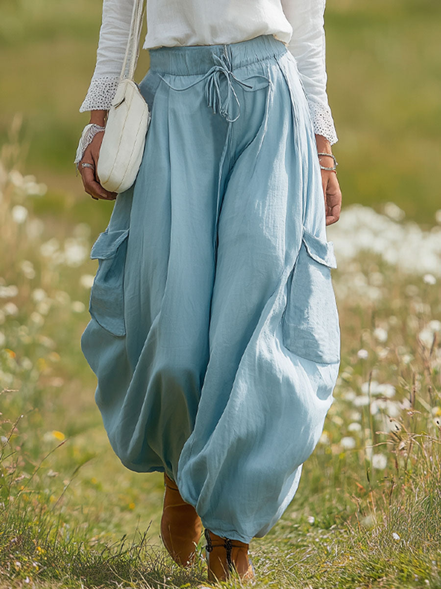 Loose-fitting Elasticated Drawstring Double-pocket Cotton-linen Wide-leg Pants