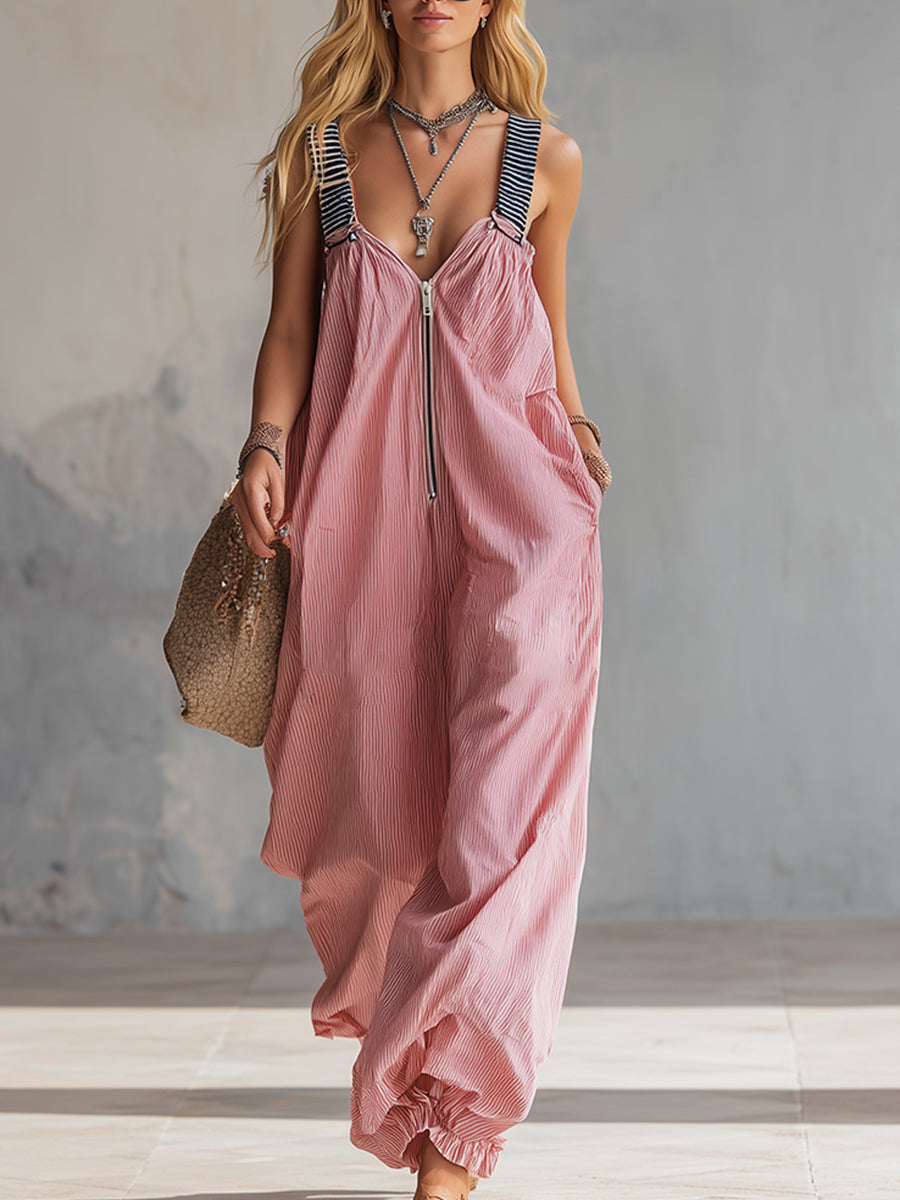 Stylish Oversized Pink Striped Overalls