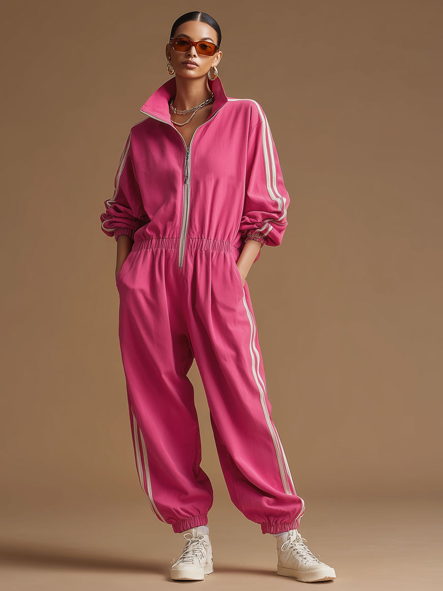 Retro Sporty Woven Rose Red Cotton Wide-leg Jumpsuit