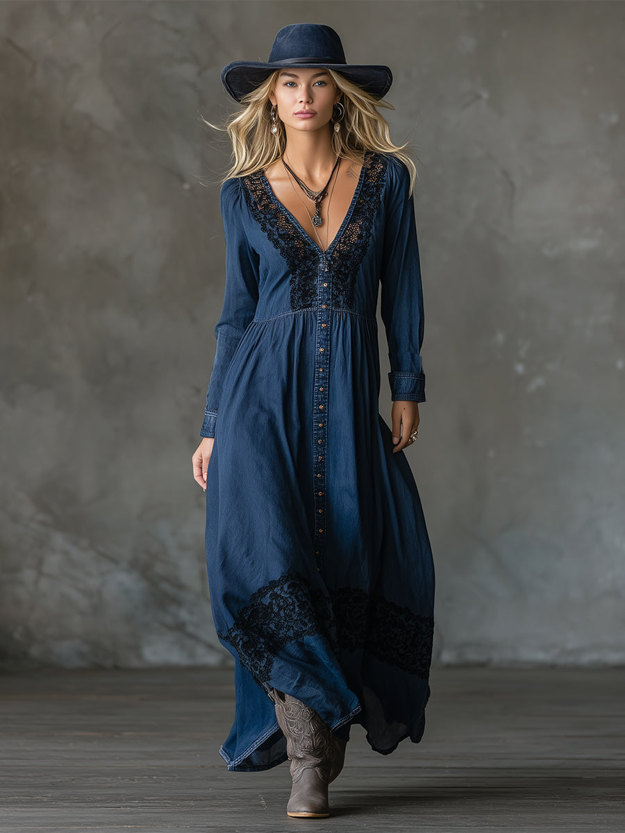 Elegant Loose-fitting Blue Denim Lace-trimmed Maxi Dress