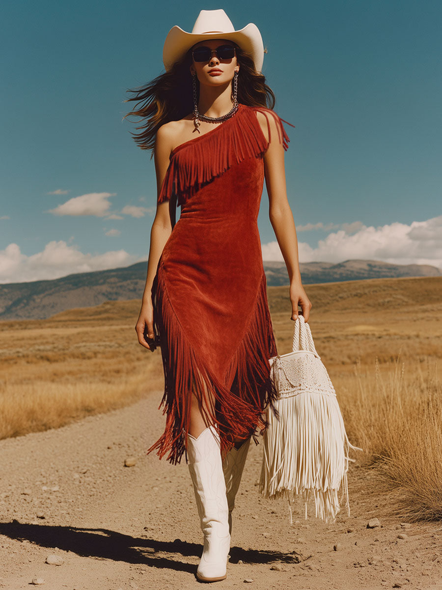 Western Retro Red Faux Suede Tassel Off-Shoulder Midi Dress