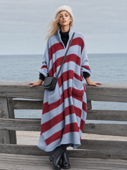 Comfortable Lazy Stand-collar V-neck Patch Pocket Blue And Red Striped Knit Maxi Dress