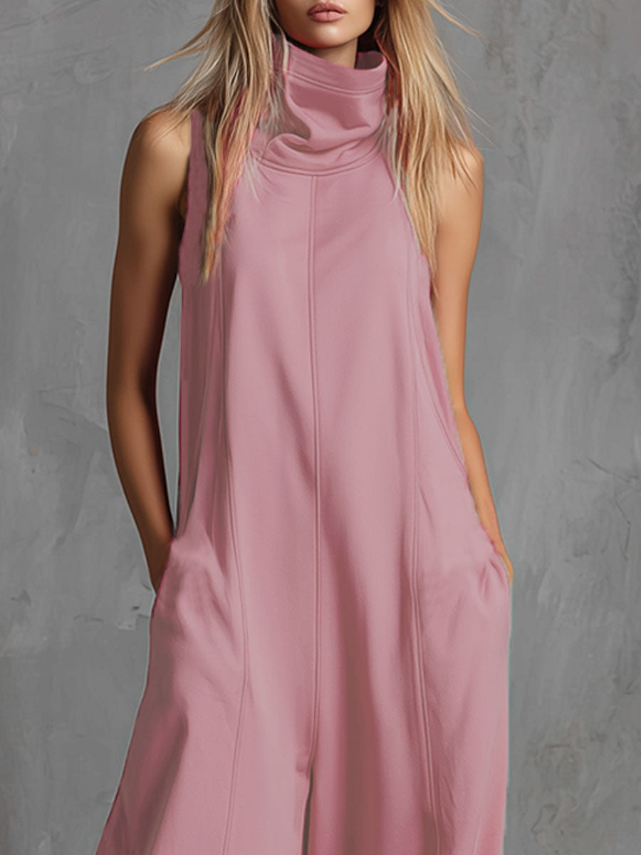 Pink High-neck Sleeveless Double-pocket Sporty Jumpsuit