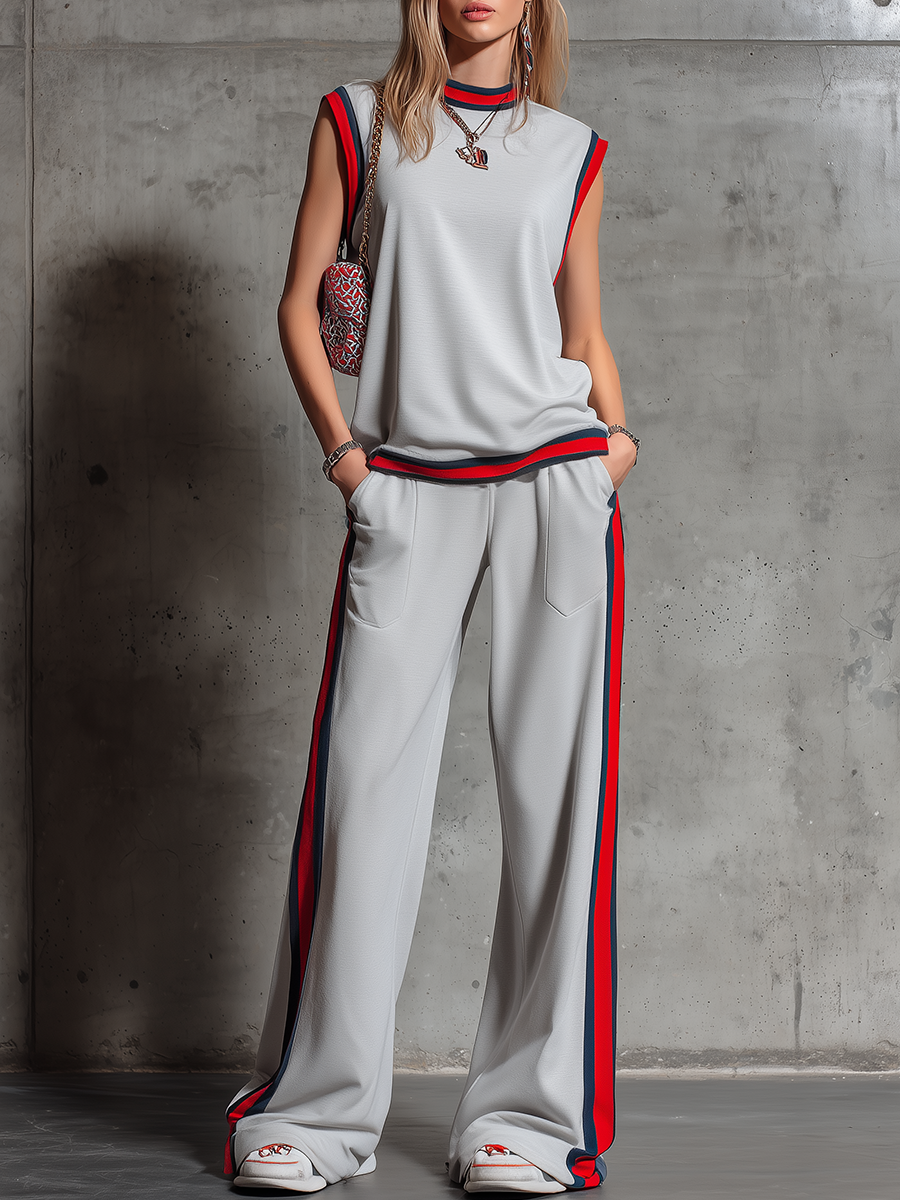Retro Sporty Style Sleeveless T-shirt With Contrasting Trim And Wide-leg Pants Set