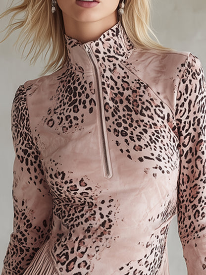 Stylish And Sexy Leopard Print Light Pink Faux Suede Fringed Mini Dress