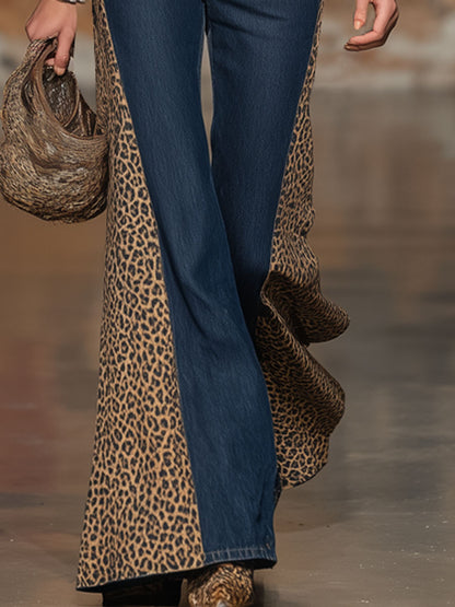 Retro Leopard Print Patchwork Denim Flared Pants
