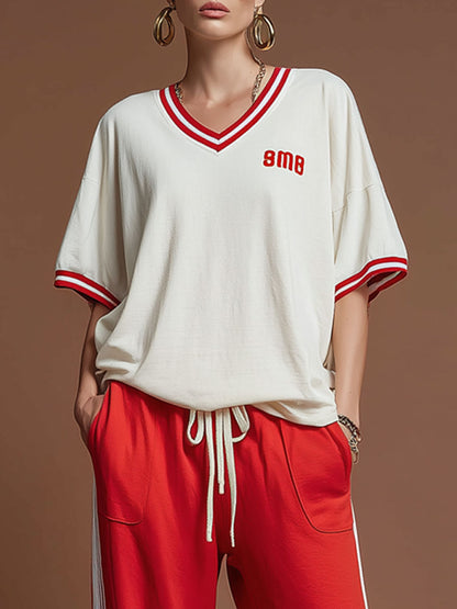 Sporty Retro Red Pure Cotton Embroidered Short-Sleeve T-Shirt And Wide-Leg Pants Set