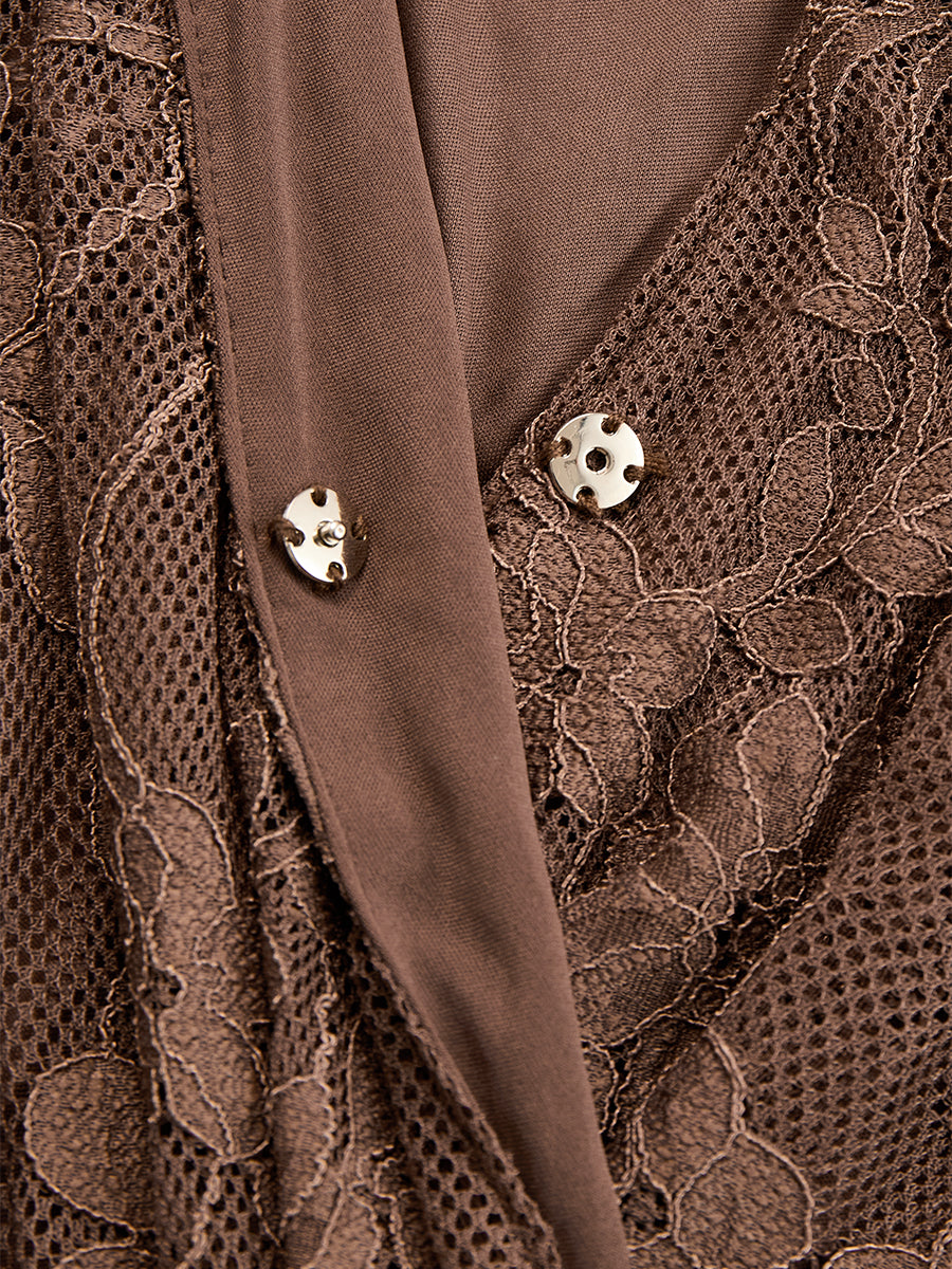 Elegant Brown Lace Front Slit Long Sleeve Maxi Dress