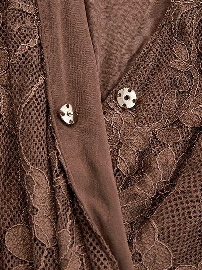 Elegant Brown Lace Front Slit Long Sleeve Maxi Dress