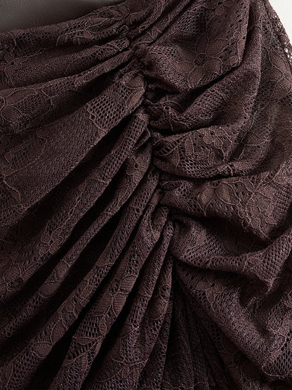 Retro High-end Brown-red Imitation Leather Stitching Lace Long-sleeved Maxi Dress