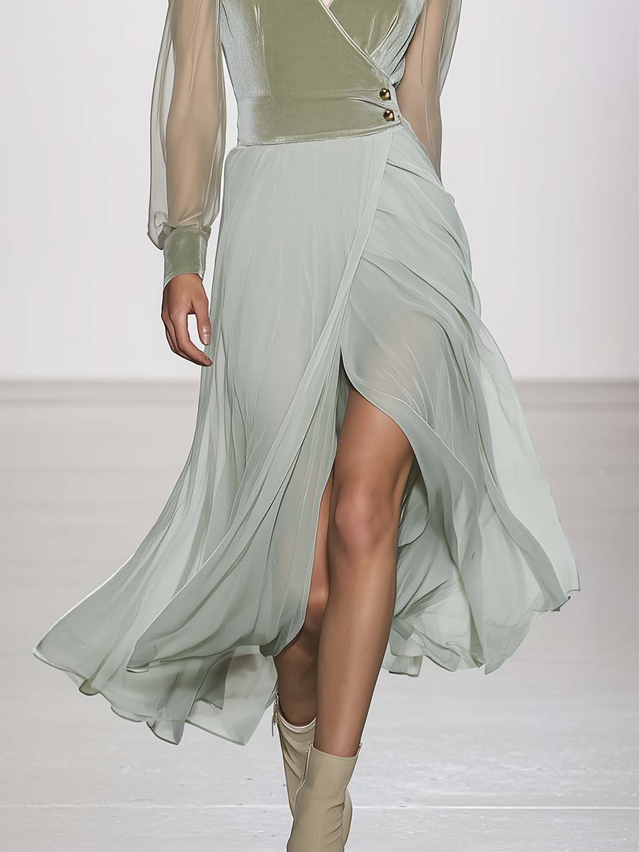 Elegant Flowing V-neck Mint Green Velvet And Chiffon Patchwork Slit Midi Dress