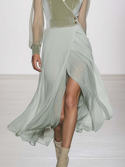 Elegant Flowing V-neck Mint Green Velvet And Chiffon Patchwork Slit Midi Dress