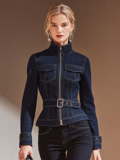 Stylish Retro Zip-up Blue Denim Jacket