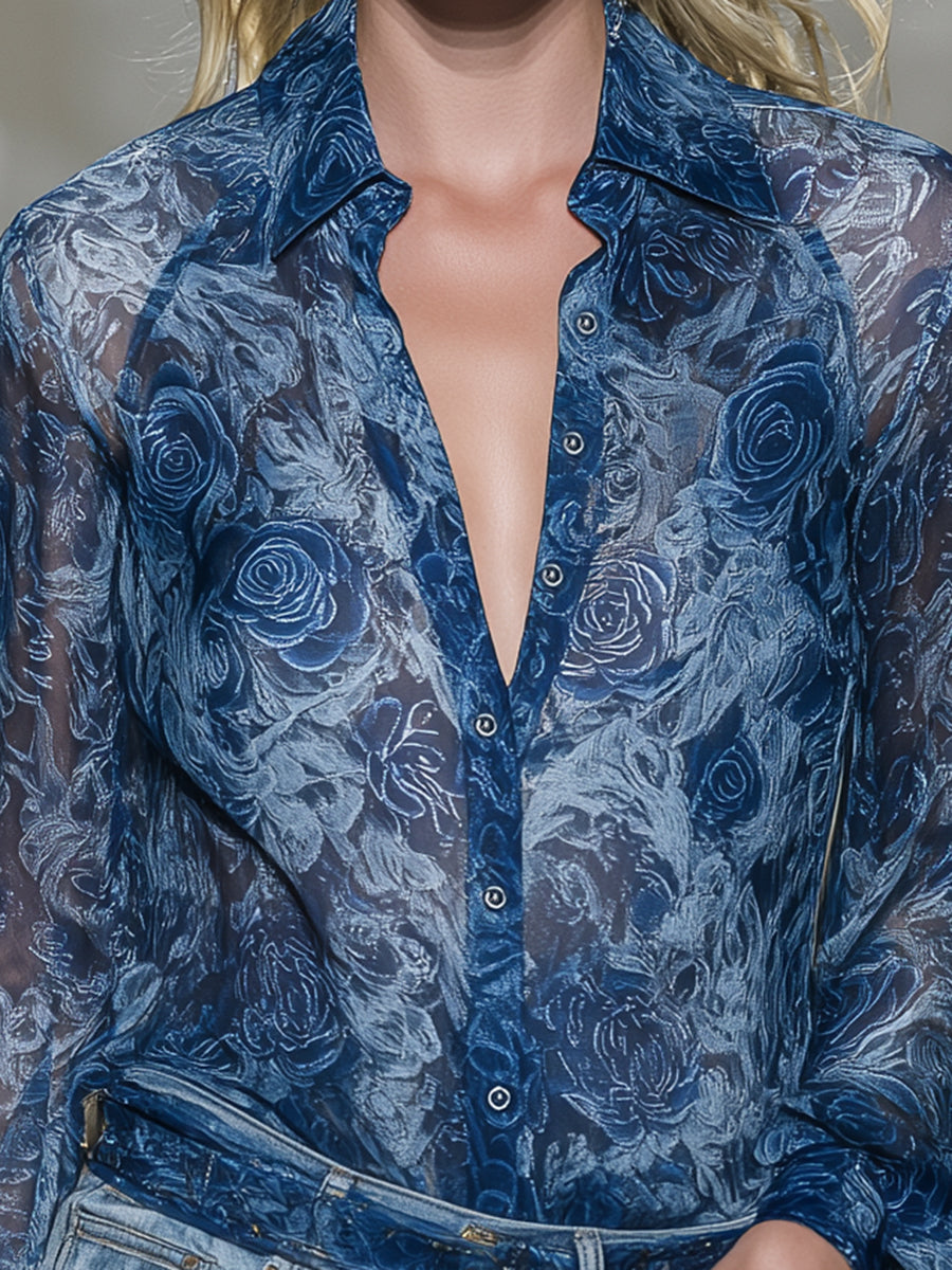 Fashionable Blue Chiffon Rose Textured Shirt