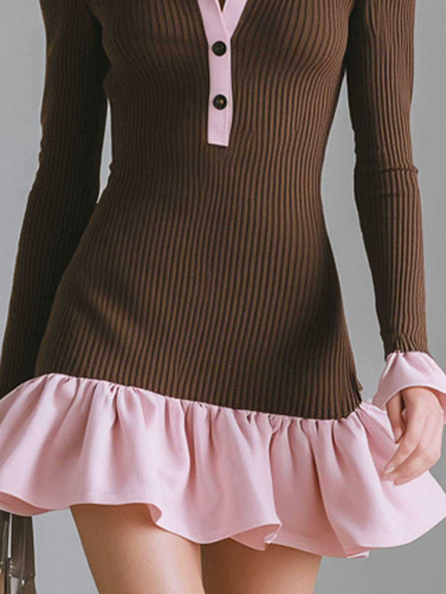 Half-zip Color-blocked Ruffled Long-sleeved Athletic Mini Dress